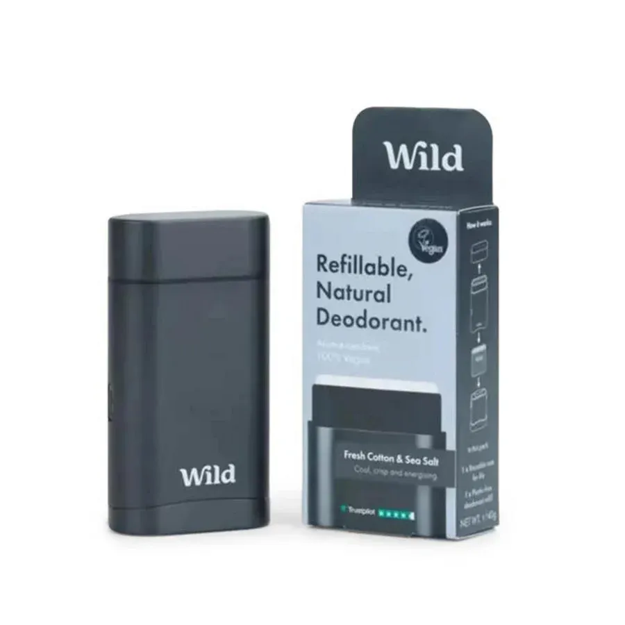Wild men&#39;s Black case and fresh cotton and sea salt deo starter pack 40g