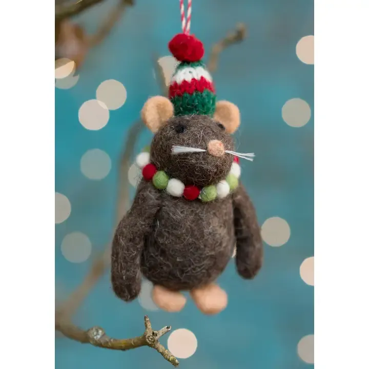 Brown Felt Mouse in Christmas Hat