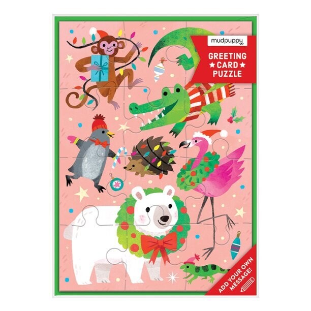 Mudpuppy Merry Animals Greeting Card & Puzzle