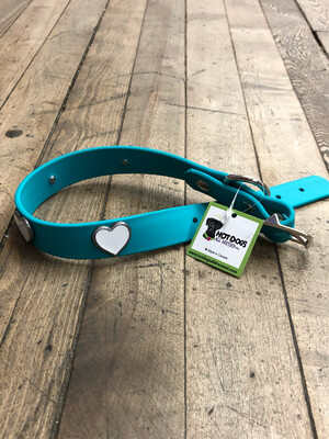  Hotdogs Vegan Leather Collar - Teal with White Hearts