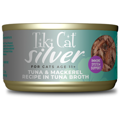 Tiki Cat Silver Senior Whole Foods Tuna &amp; Mackerel in Broth 2.4oz