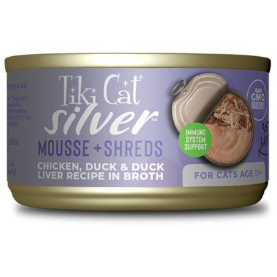 Tiki Cat Silver Senior Mousse &amp; Shreds Chicken, Duck &amp; Liver in Broth 2.4oz