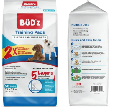 Bud'Z 5 Layer Training Pads 22" x 22" for Puppies and Dogs