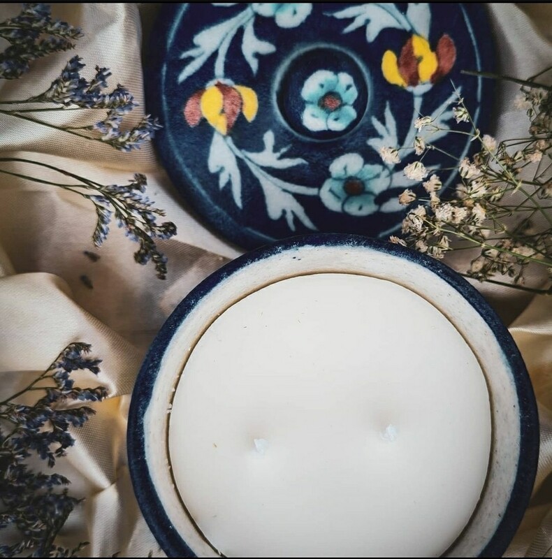 Decorative Natural Soy Wax Candle in Jaipur's Blue Pottery Jars -  Round or Square Shape.