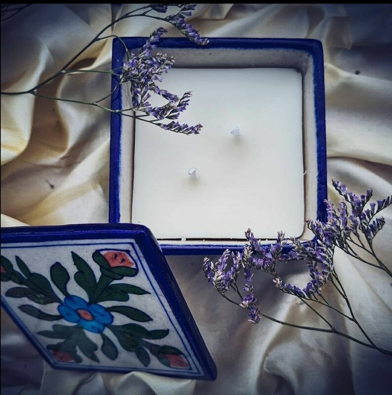 Decorative Natural Soy Wax Candle in Jaipur&#39;s Blue Pottery Jars -  Round or Square Shape.
