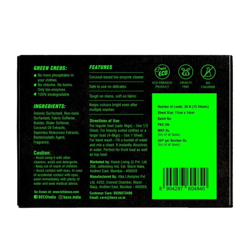 Beco Eco-Friendly Laundry Detergent Sheets | Plant Based, Chemical Free | 60 Loads with just 30 Sheets | Suitable for Machine and Hand Wash | Easy to Use Like Normal Detergent