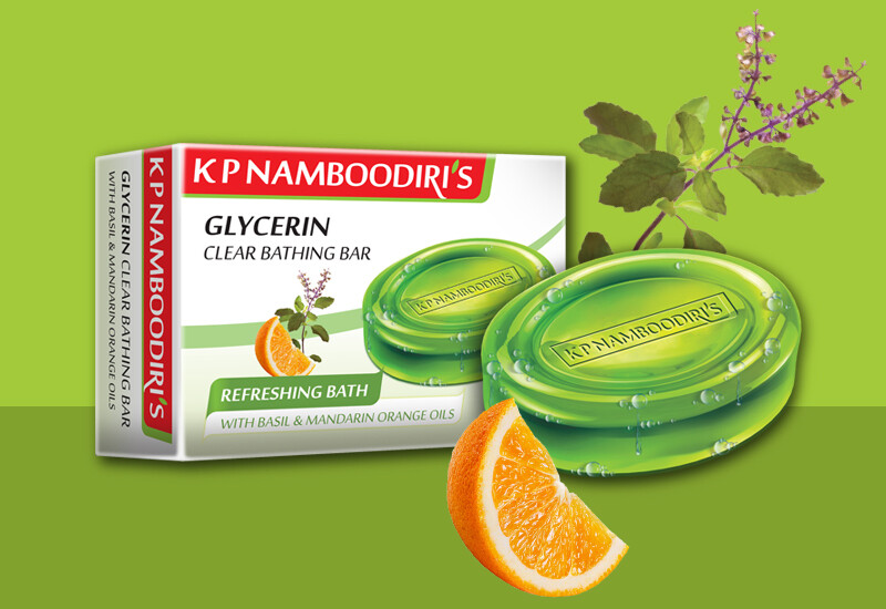 K.P. NAMBOODIRI&#39;S GLYCERIN CLEAR BATHING BAR REFRESHING BATH WITH BASIL &amp; MANDARIN ORANGE OILS