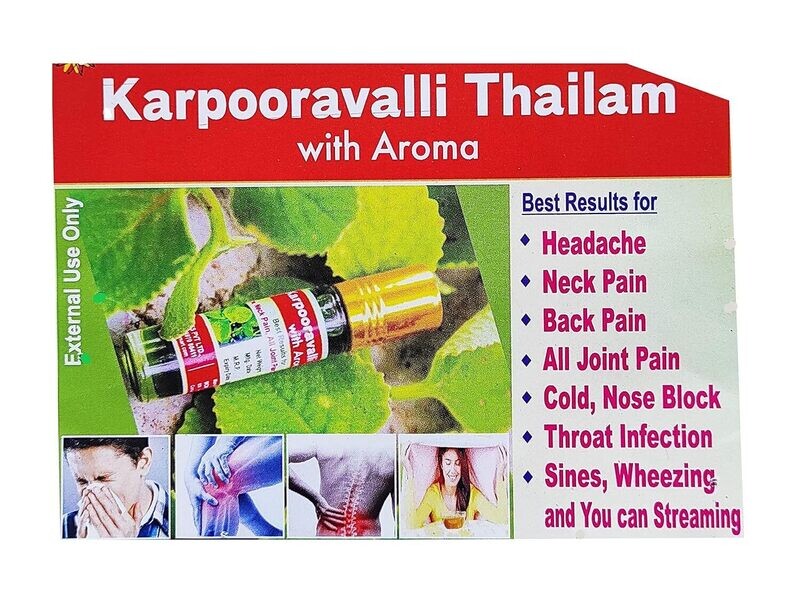 Karpooravalli Thailam Roll-On - 3ml &amp; 8ml - Natural Relief for Headaches &amp; Congestion etc