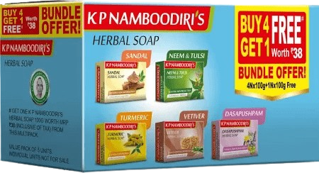 K.P. Namboodiri&#39;s Herbal Soap 100 g (Sandal, Neem &amp; Tulsi, Turmeric, Vetiver, Dasapushpam) (4x 100g + 1 x 100g free)