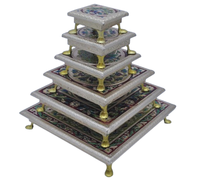 Premium Wooden Handicraft Meenakari Bajot Paata with Metal Legs | Gold Base Multicolor Design | Perfect Pooja Chowki for Worship and Home Decor