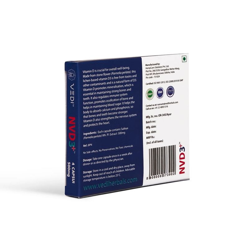 Vedi Herbals NVD3+ Capsules | 50000 IU Vitamin D3 - Natural, Vegan &amp; Vegetarian (4 Capsules | 1 month kit)