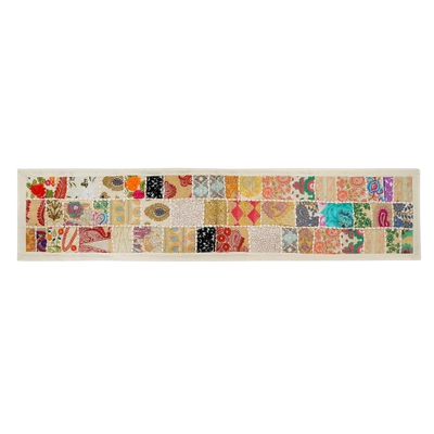 Handmade Kambadiya table runner, Rajasthani cotton patchwork, colorful embroidery, traditional Indian dining table decor.