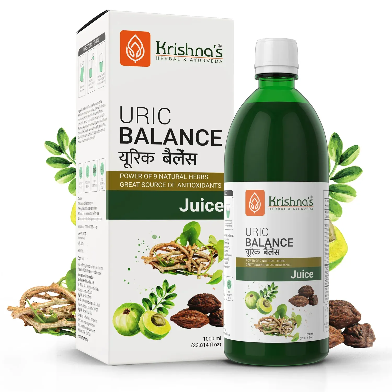Krishna&#39;s Uric Balance Juice - bottle for Ayurvedic control of uric acid and joint comfort with Ingredients