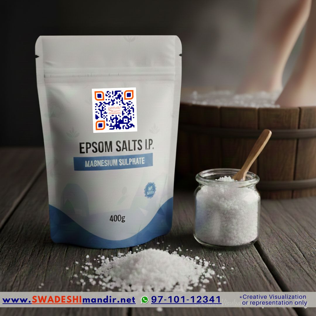 400g jar of Swadeshi Mandir Epsom Salts I.P. Magnesium Sulphate placed next to a wooden bucket of warm water for a therapeuti