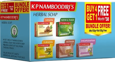 K.P. Namboodiri's Herbal Soap 100 g (Sandal, Neem &amp; Tulsi, Turmeric, Vetiver, Dasapushpam) (4x 100g + 1 x 100g free)