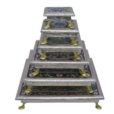 Premium Wooden Handicraft Meenakari Bajot Paata with Metal Legs | Gold Base Multicolor Design | Perfect Pooja Chowki for Worship and Home Decor