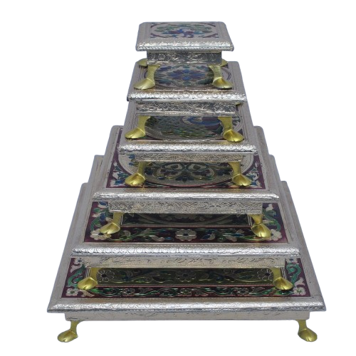 Premium Wooden Handicraft Meenakari Bajot Paata with Metal Legs | Gold Base Multicolor Design | Perfect Pooja Chowki for Worship and Home Decor