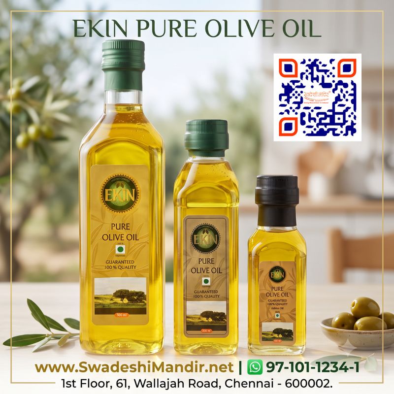 Ekin Pure Olive Oil bottles (100ml, 200ml, 500ml) for cooking and skin care at Swadeshi Mandir Chennai