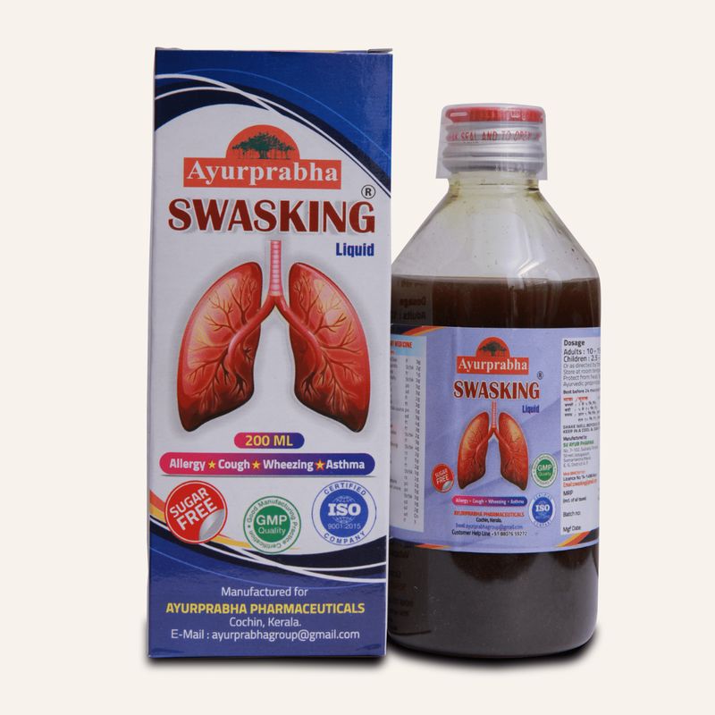 Ayurprabha Swasking Liquid 200ml front packaging along with the bottle