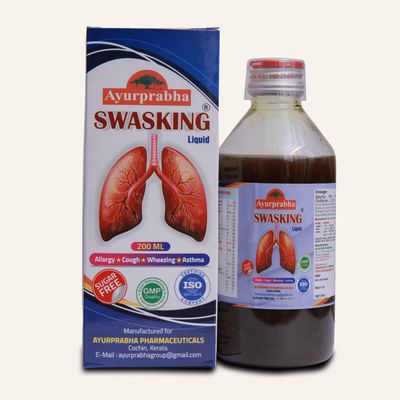 Ayurprabha Swasking Liquid 200ml front packaging along with the bottle