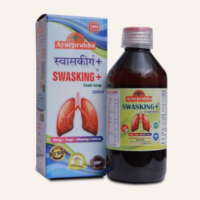 Ayurprabha Swasking Liquid 200ml front packaging along with the bottle. 