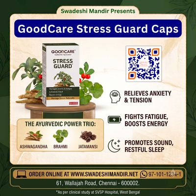 GoodCare Stress Guard Capsules box with Ayurvedic ingredients Ashwagandha, Brahmi, and Jatamansi, highlighting indications.