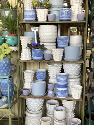 Small Table-top Blue, Gray, And White Pots