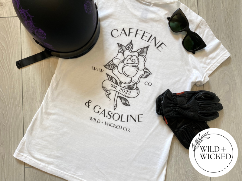 Flagship &quot;Caffeine &amp; Gasoline&quot; Women&#39;s Tee - WHITE