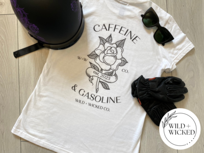 Flagship &quot;Caffeine &amp; Gasoline&quot; Women&#39;s Tee - WHITE