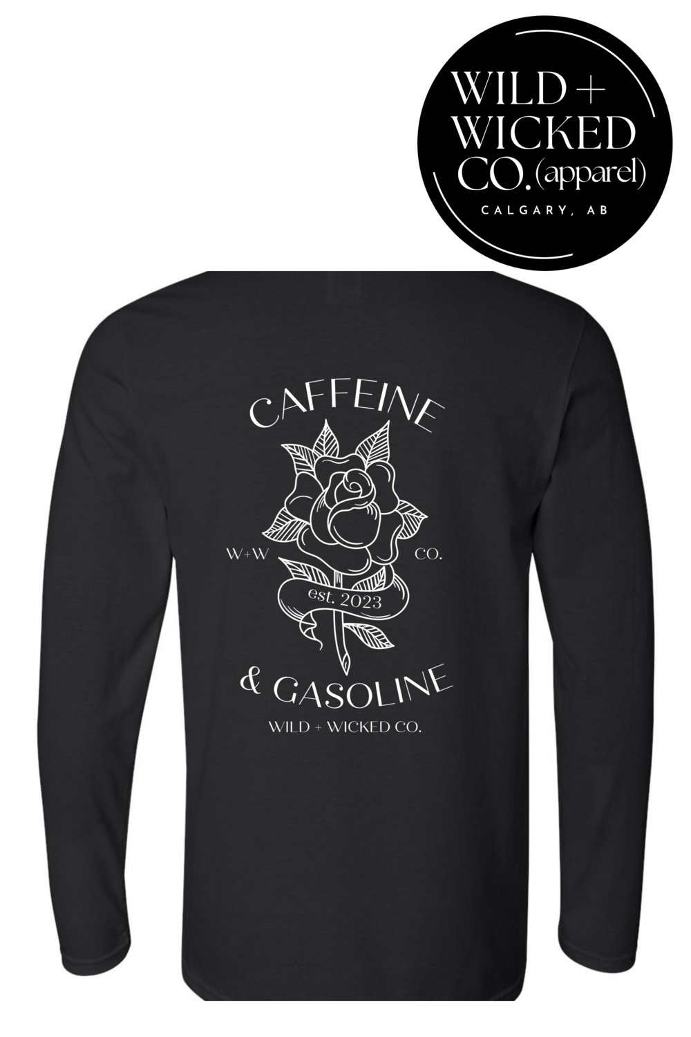 Flagship &quot;Caffeine &amp; Gasoline&quot; Unisex Long Sleeve Tee - BLACK