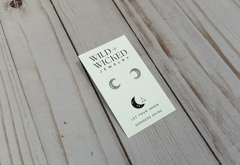 "Silver Crescent Moon" Stainless Steel Stud Earrings