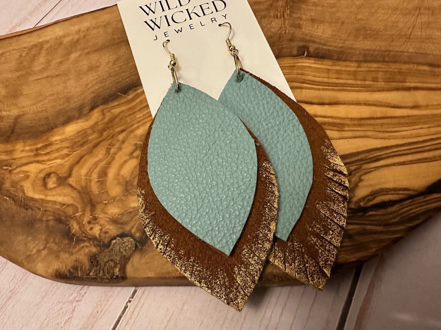 Boho Leather Feather Earrings - Turquoise &amp; Brown