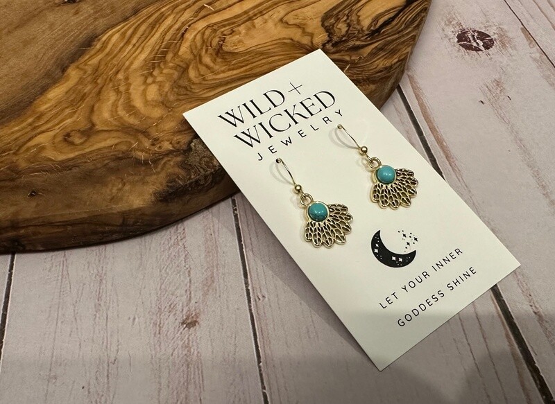 Golden Feather Drop Earrings - Turquoise Golden Feather Drop Earrings - Turquoise