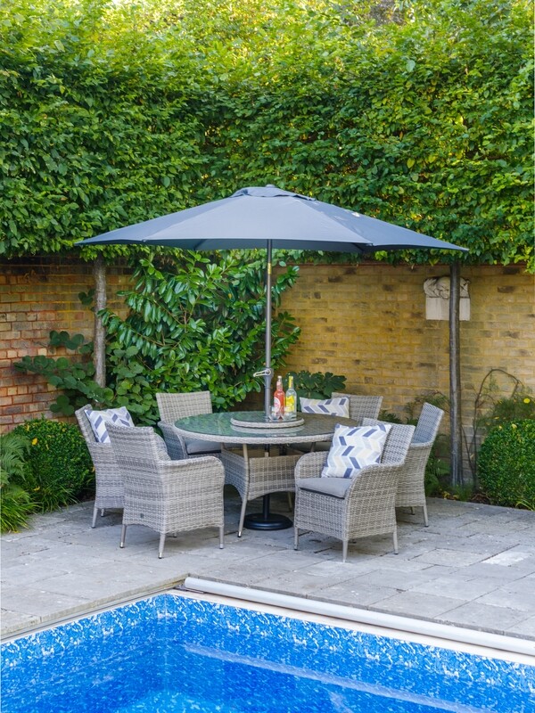 Monaco Sand 6 Seat Dining Set, Lazy Susan &amp; 3m Parasol