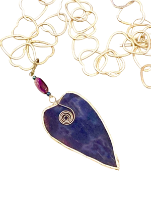 Purple heart pendant on large link chain by Lorna C Radbourne