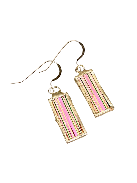 Long pink rectangle earrings by Lorna C Radbourne