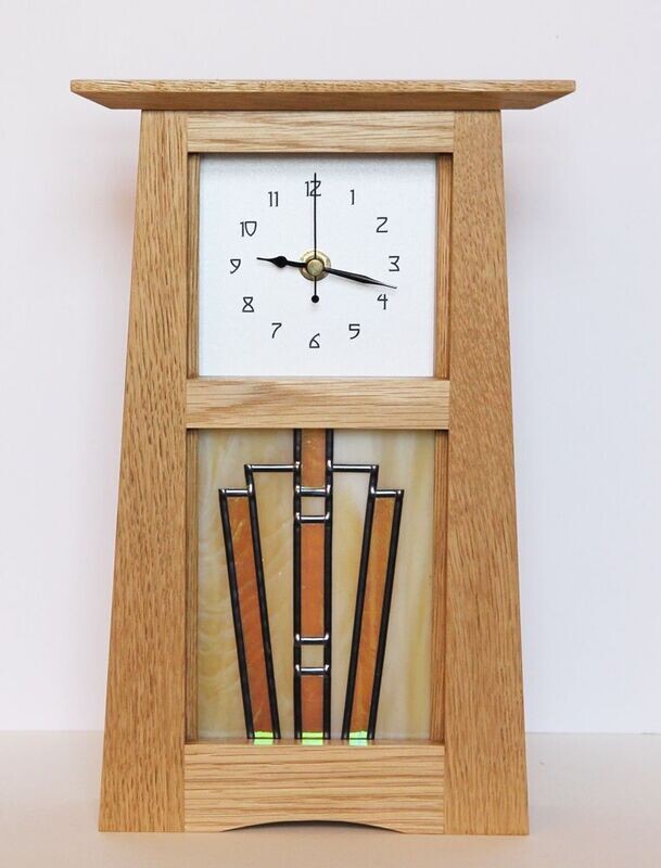 Oak Arts & Crafts Clock with yellow stained glass by Archie McDonald