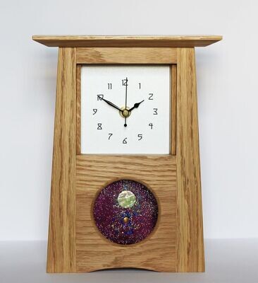 Oak Arts & Crafts Clock with round R Ryan panel by Archie McDonald