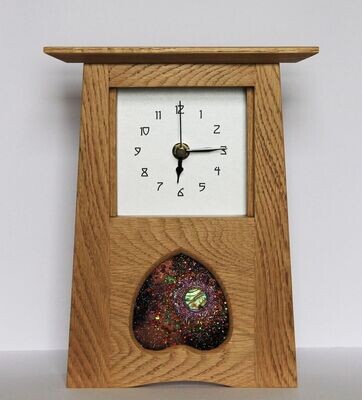 Oak Arts & Crafts Clock with toadstool R Ryan panel by Archie McDonald