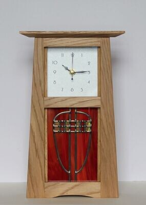 Oak Arts & Crafts Clock with red stained glass by Archie McDonald