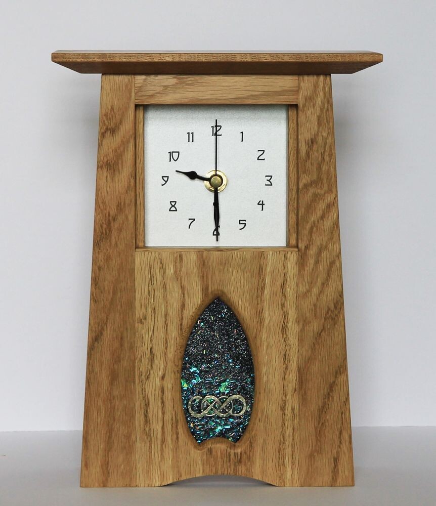 Oak Arts & Crafts Clock with R Ryan panel by Archie McDonald