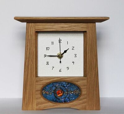 Oak Arts & Crafts Clock with oval R Ryan panel by Archie McDonald