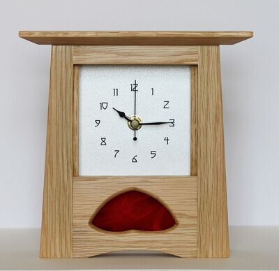 Oak Arts & Crafts Clock with red fused glass by Archie McDonald