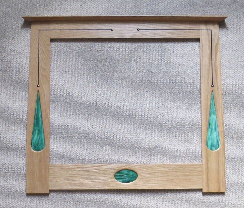Landscape mirror with green fused glass, inlay & copper studs by Archie McDonald