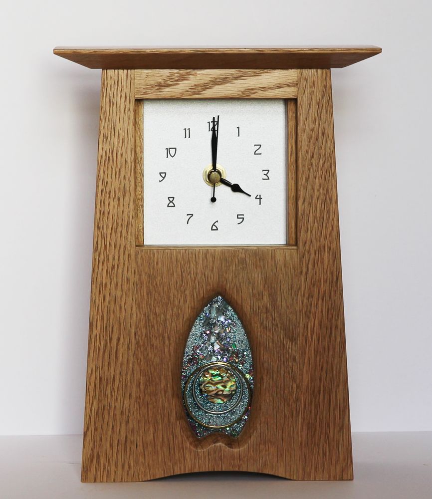 Oak Arts & Crafts Clock with R Ryan panel by Archie McDonald