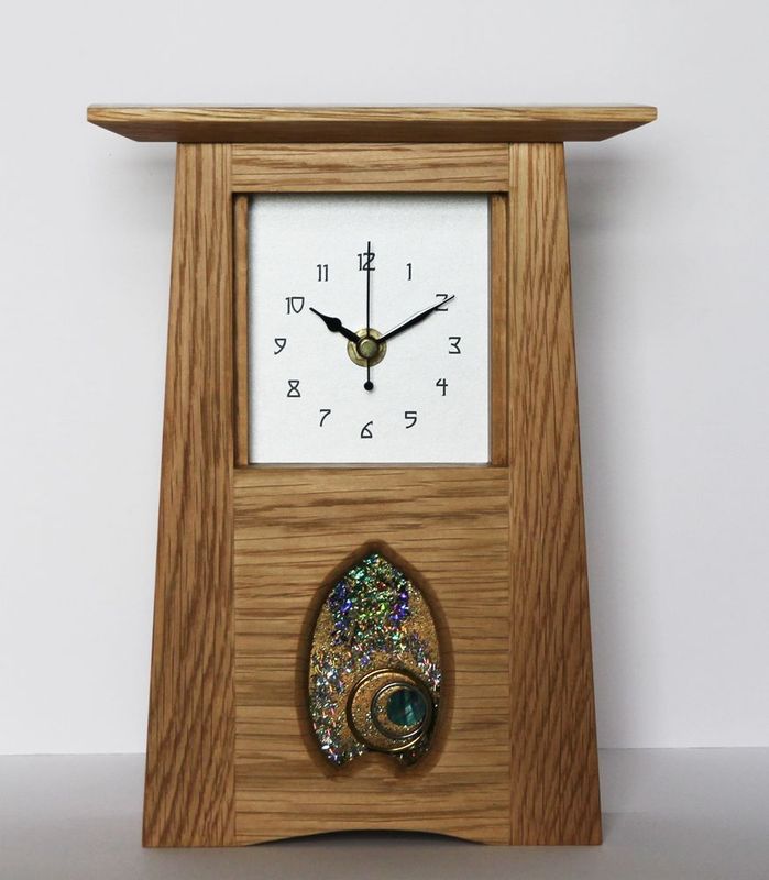 Oak Arts & Crafts Clock with R Ryan panel by Archie McDonald