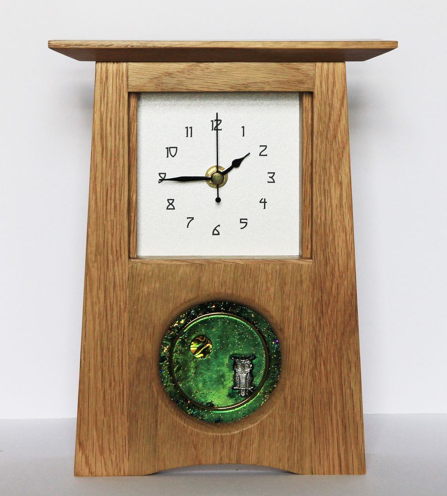 Oak Arts & Crafts Clock with R Ryan panel by Archie McDonald