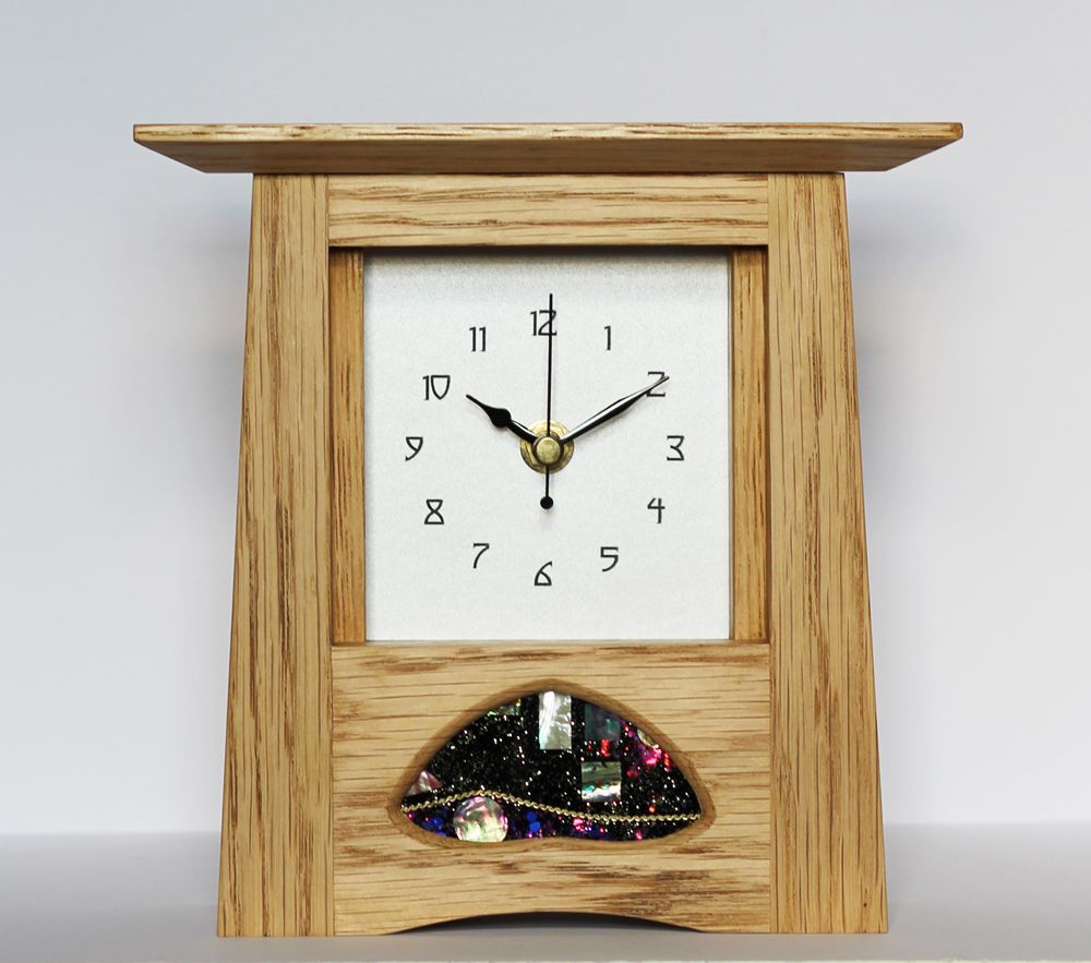Oak Arts & Crafts Clock with R Ryan panel by Archie McDonald