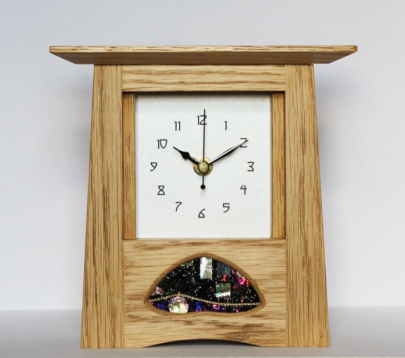 Oak Arts & Crafts Clock with R Ryan panel by Archie McDonald