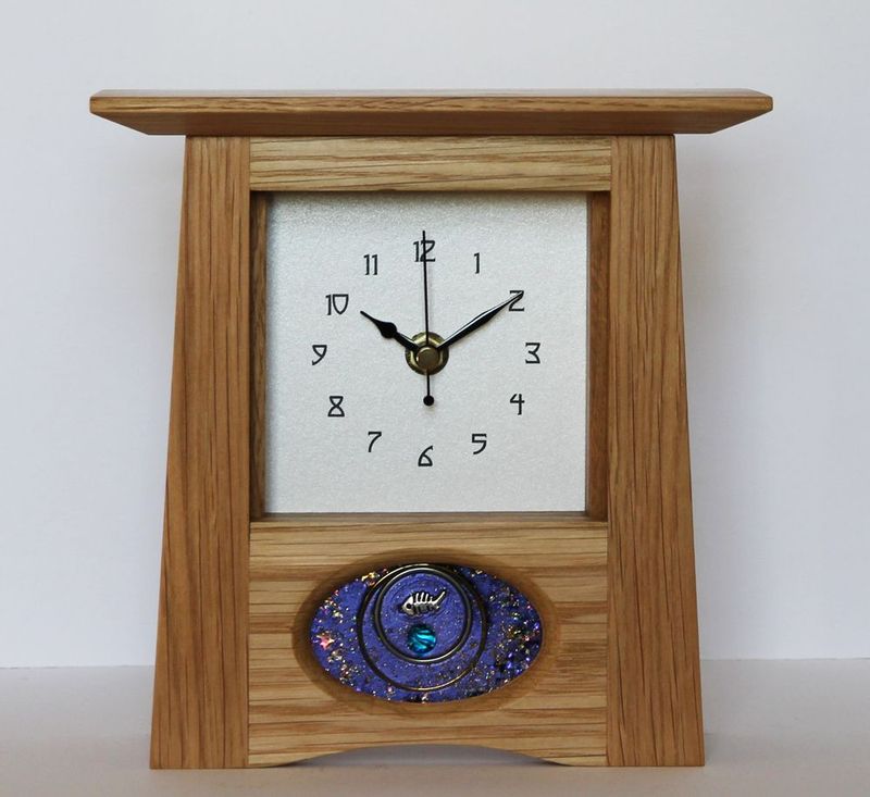 Oak Arts & Crafts Clock with R Ryan panel by Archie McDonald